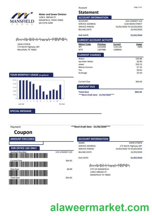 USA Mansfield Texas utility bill template in Word and PDF format (.doc and .pdf)